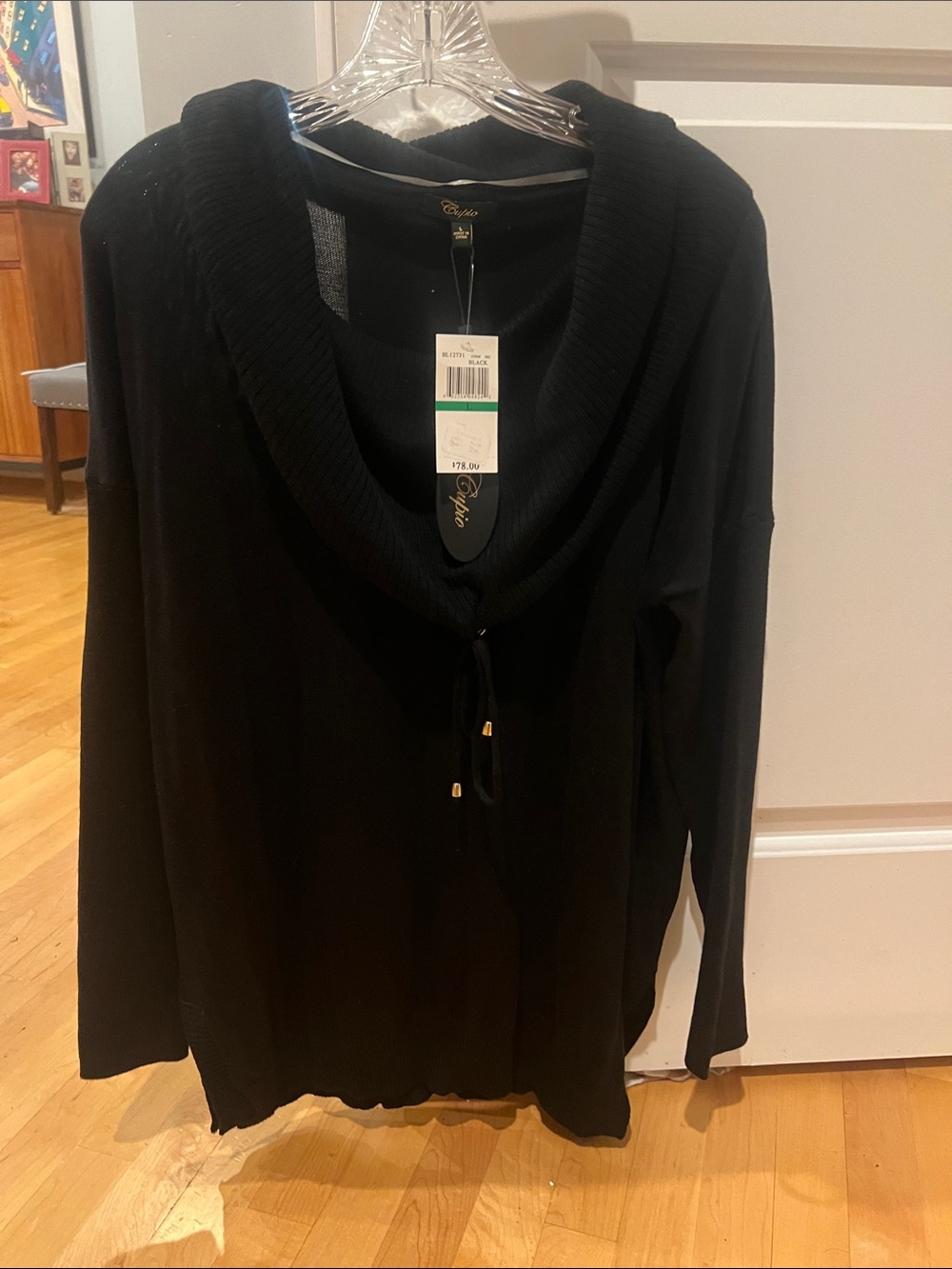 Cupio Black Cowl Neck Sweater with Drawstring NWT Sz L